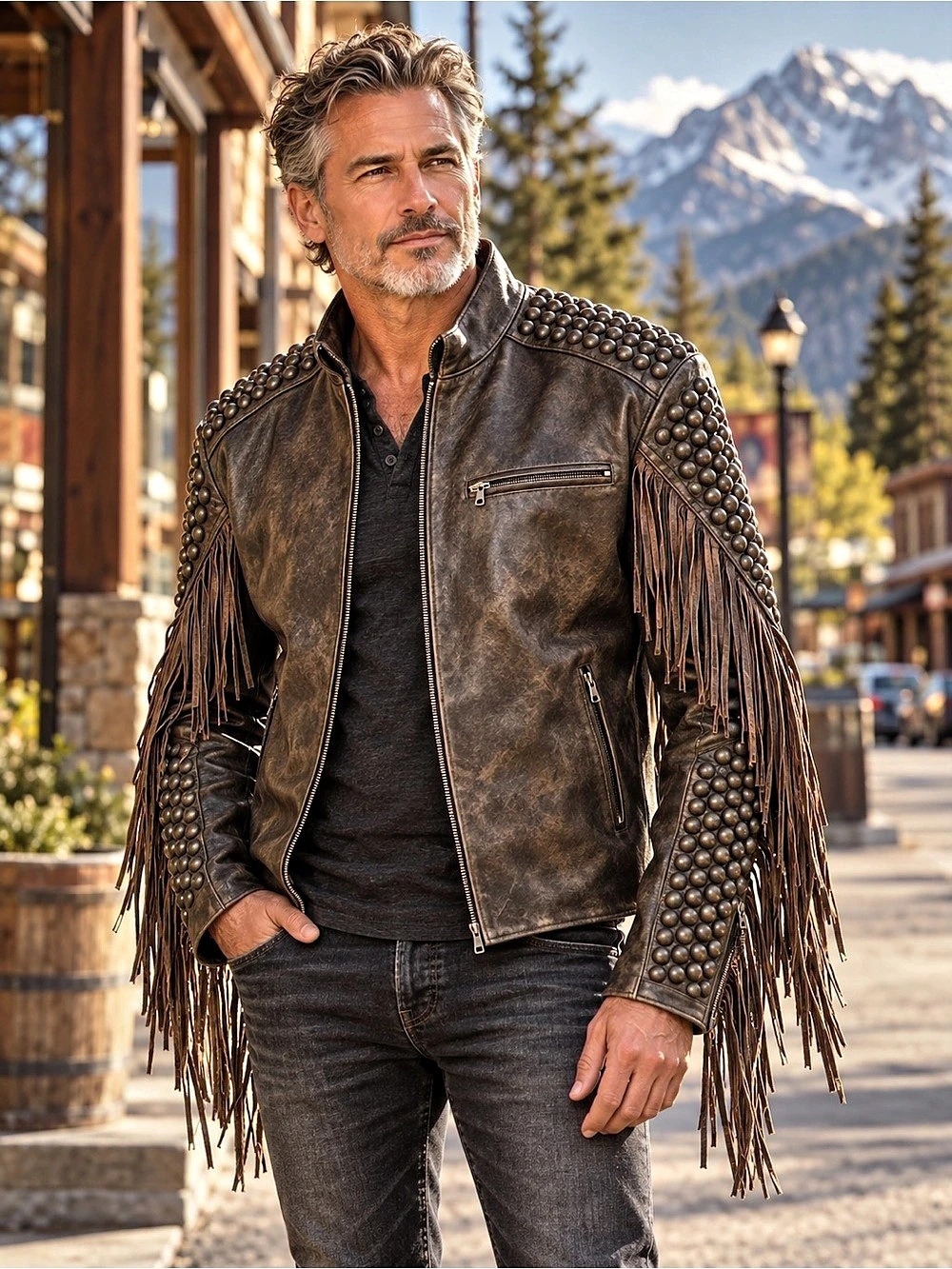 Old Gringo Studded Fringe Leather Jacket in Brown Like New